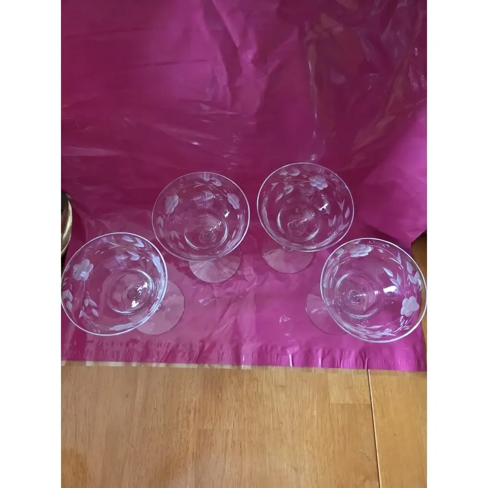 4 Libby Vintage Sherbert Glasses Clear Floral Etched Wine Glasses